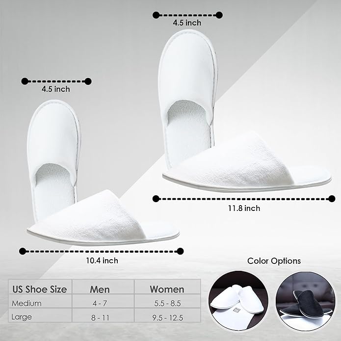MODLUX Spa Slippers, 12 Pairs Cotton Velvet Closed Toe Disposable Slippers for Guests, 6 Medium and 6 Large House Shoe, Hotel, Home, Indoor, Bride Slippers, Slip-on with Travel Bag, White