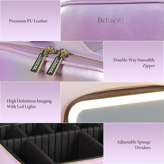 Travel Makeup Bag with LED Lighted Mirror, Cosmetic Makeup Organizer Bag with 3 Color Setting, Makeup Train Case with Adjustable Dividers for Women Makeup Brushes Jewelry Accessories