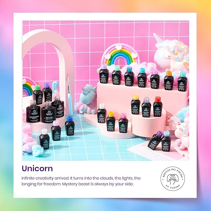 Beetles Neon Gel Nail Polish Set, 24 Pcs Purple Blue Hot Red Gel Nail Polish Green Glitter Gel Polish Unicorn Collection Soak off UV with Glossy & Matte Top and Base for Women