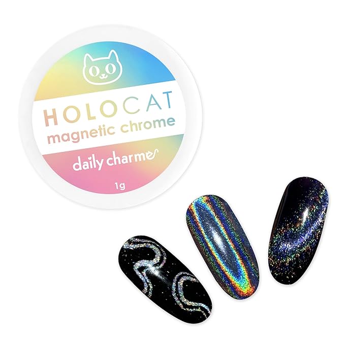 Daily Charme Holographic 3-in-1 Cateye Magnetic Nail Chrome Powder 1g, Holo Rainbow Cat Eye Effect, Home DIY/Nail Salon Manicure (Holographic Silver)