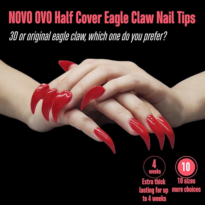 500 pcs Half Cover Hawk Curved Raptor Eagle Claw Extra Super Extreme Deep Curve Stiletto False Nail Extension Tips Natural Color Acrylic Nail 10 Sizes for Halloween Art Salon In Bag