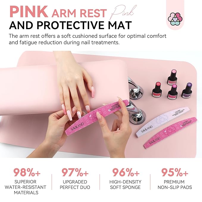 Saviland Arm Rest for Nails Tech Professional: 15.7" Full-Length Nail Arm Rest Pink Faux Leather for Acrylic Nails Soft Sponge Cushion Hand Holder & Non-Slip Nail Mat for Nail Technician Use Must Have