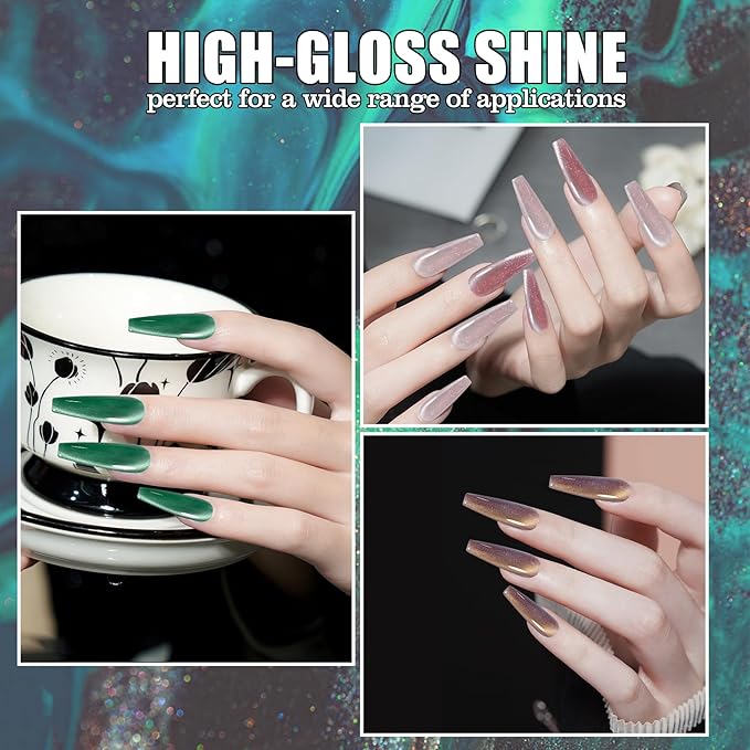 Adhere 7Pcs 12ML Cat Eye Soak Off UV LED Gel Nail Polish, Reflective Glitter Cat Eye, Sparkling Diamond Magnetic Flash Color with Magnet