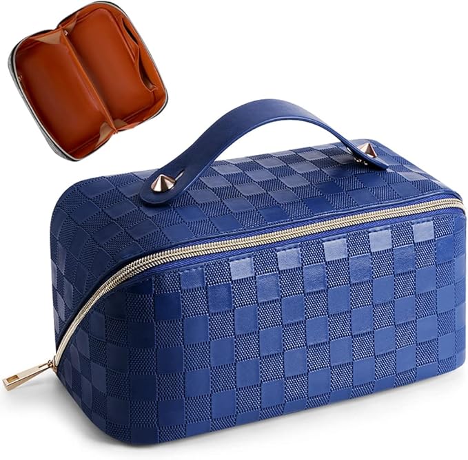 Cessfle Large Capacity Travel Cosmetic Bag Plaid Checkered Makeup Bag Portable Leather Waterproof Skincare Bag with Handle and Divider for Women 01-Blue