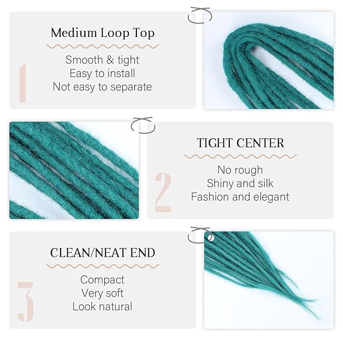 24 In Double Ended Dreadlock Extensions, Castleton Green 10 Strands Thin 0.6cm Width Synthetic DE Dreads Extensions, 100% Handmade Dreads Hippie Style Dreadlocks for Woman