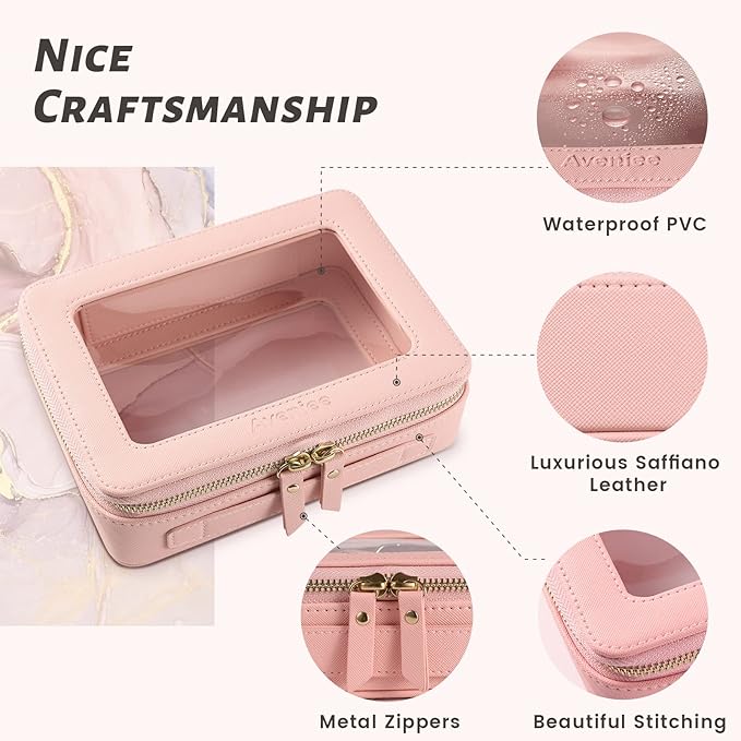 Aveniee Clear Makeup Bag Organizer, Portable Travel Toiletry Cosmetic Bag Case for Women, Heavy Duty Vegan Leather Make Up Pouch with Transparent Vinyl Windows & Gold Zippers(Pink)
