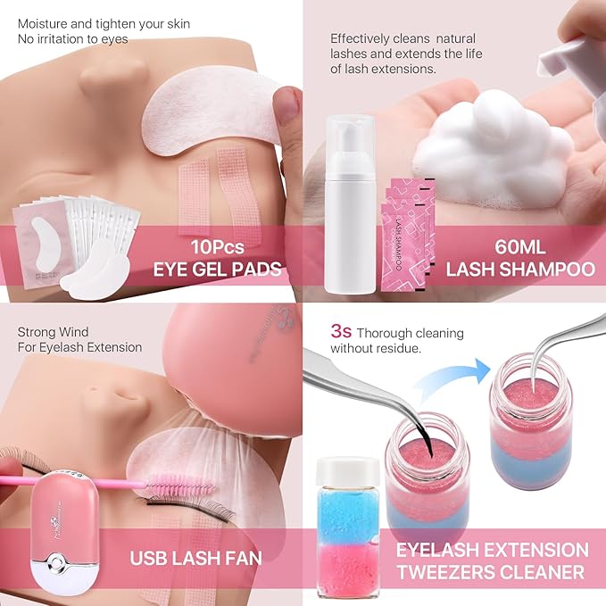 Pretty memory Eyelash Extension Kit for Beginners, 343 Pcs Lash Extension Kit with Everything Includes 2 Mannequin Heads Facial Mister Tweezers Glue USB Fan for Practice Training