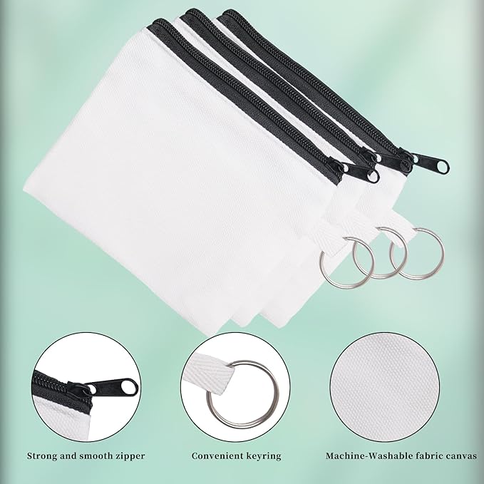 32 Pieces Sublimation Coin Purse Zipper Canvas Pencil Pouch Canvas Cosmetic Organizer Bag Pouch Portable Blank Cosmetic Pouch DIY Craft Bag for Organizing Women Travel Vacation Supplies(White)