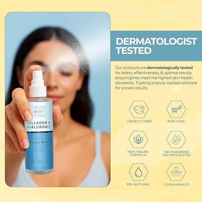 Clear Beauty Hyaluronic Acid & Collagen Face Mist - Dermatologist Tested, Moisturizes & Tones Skin, Anti-Aging, Natural Ingredients, Cruelty-Free Korean Skin Care - All Skin Types - 4 OZ (2 Pack)
