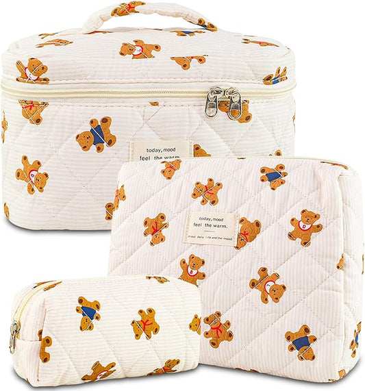 3Pcs Makeup Bag Cotton Quilted Travel Cosmetic Bag Cute Floral Makeup Pouch Large Toiletry Bag for Women Girls