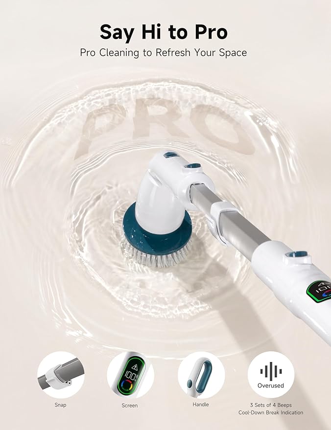HiCOZY Electric Spin Scrubber HS1 Pro, Shower Scrubber with 2024 New Upgraded Voice Prompt LED Smart Display, Cleaning Brush with 4 Adjustable Speeds, 6 Replaceable Brush Heads Malachite Green