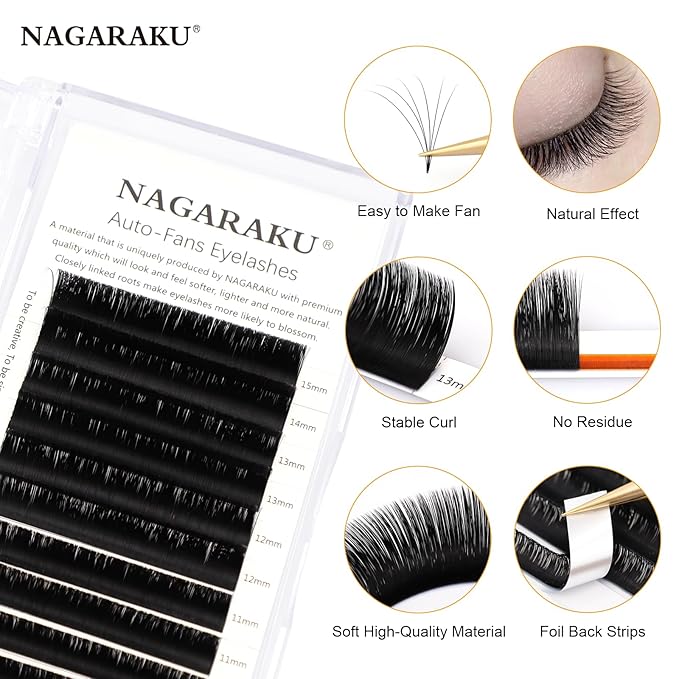NAGARAKU Easy Fan Eyelash Extensions Volume Lash 0.07 D curl 16-20mm Mix Tray Rapid Blooming Faux Mink Cluster For Beginners Soft Professional Lash Supplies