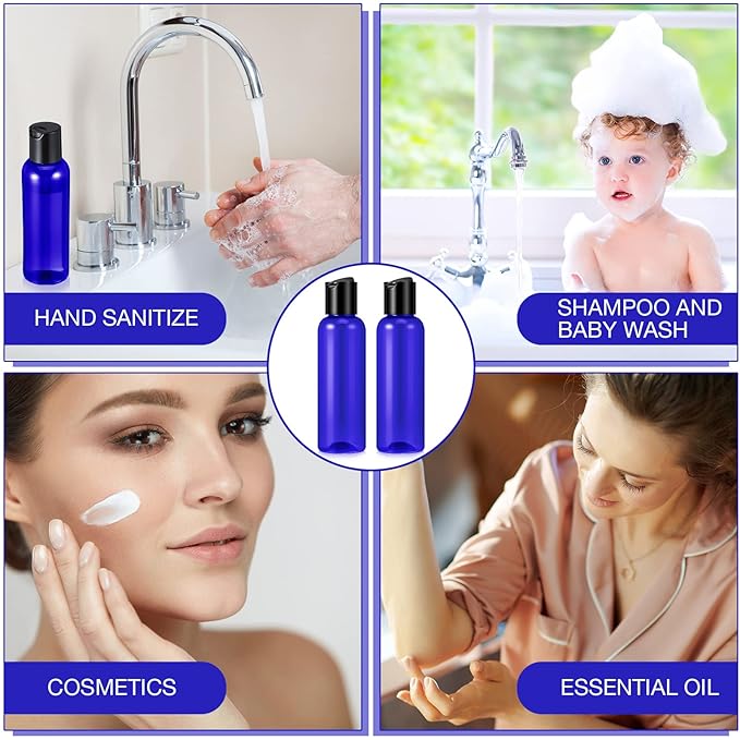 50 Pcs 4oz Empty Plastic Travel Bottles with Disc Top Flip Cap Small Travel Size Bottles Blue Refillable Empty Containers for Shampoo Lotion Liquid Body Soap Cream Toiletries
