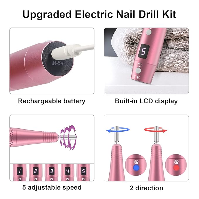 PELCAS Cordless Electric Nail Drill, Professional Portable Manicure Nail Drill Kit 20000RPM Rechargeable 5 Adjustable Speeds LCD Display 11 Attachments for Acrylic Nails, Polishing, Nail Art