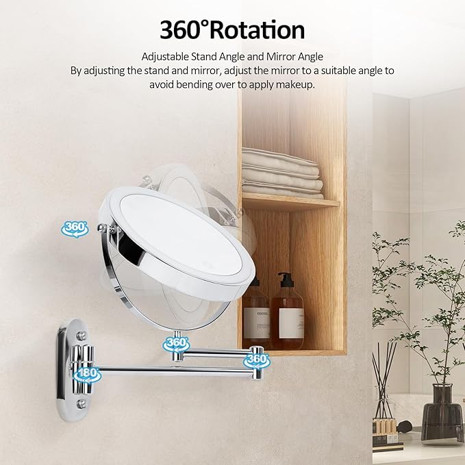 8" Wall Mounted Lighted Makeup Mirror, 1X/10X LED Lighted Magnifying Mirror with 3 Colors, 360° Rotation Double Sided Extension Foldable Arm Rechargeable Makeup Mirror, Touch Dimming
