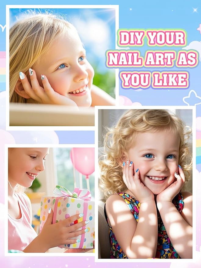 72 Pieces Press on Nails for Kids, EBANKU 3 Pack Kid Fake Nail Kit Blue Bear Cat Flower Press on Nails for girls 8-12 Years with Jelly Nail Adhesives