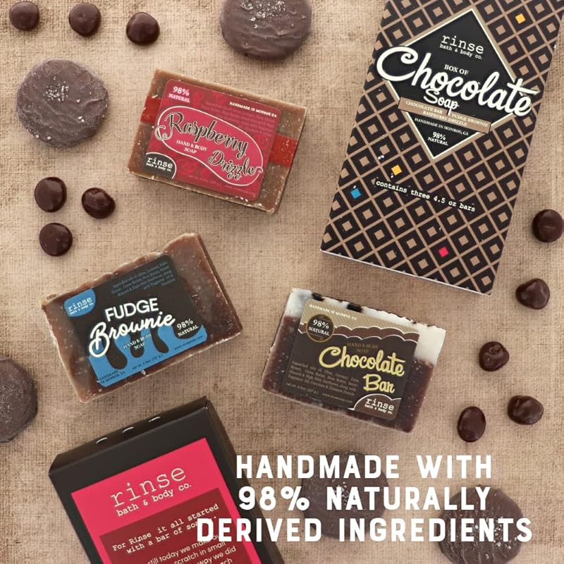 Rinse Bath & Body Box of Chocolate Soap - Handmade Natural Mothers Day Spa Soap Gift | Fudge Brownie, Chocolate & Raspberry | Moisturizing & Cleansing | Shea & Cocoa Butter w/Almond Oil | 12.75oz