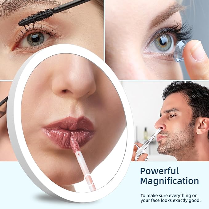 10x Lighted Magnifying Mirror with Suction Cups, Large 6'' Magnified Mirror with Light High Magnification Travel Makeup Mirror, Rechargeable Battery, 3 Colors Dimming Light, with Tweezers &Scissors