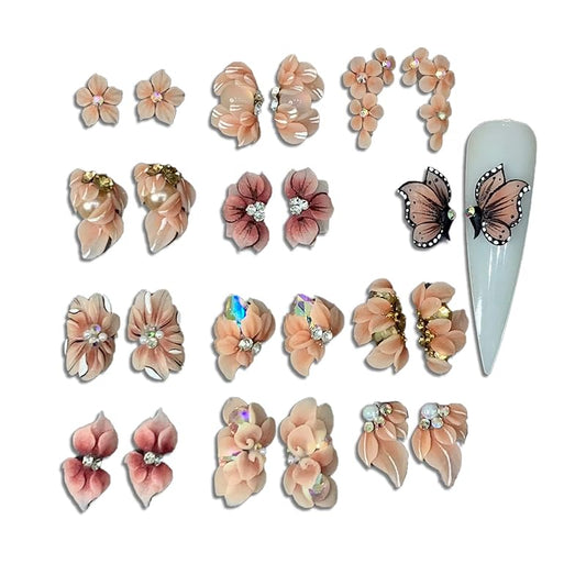 3D Acrylic Nude Flower Nail Art Charms Handmade by Acrylic Powder - 24pcs 3D Flowers Nails Rhinestones Kit 3D Crystal Nail Pearls Design Acrylic Nail Art for Women (Nude)