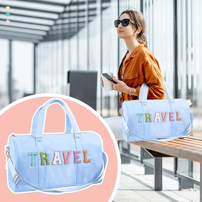 2 Pcs Preppy Chenille Letter Duffle Bag and Makeup Pouch, Travel Tote Bag Cosmetic Zipper Patch Makeup Bag (Blue)