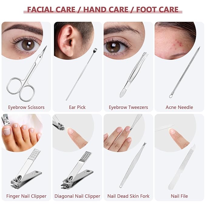 Geosar 12 Sets Manicure Set Nail Clippers Pedicure Kit 8 in 1 Stainless Steel Professional Grooming Kits Nail Care Tools with Travel Case for Men Women(Wine Red)