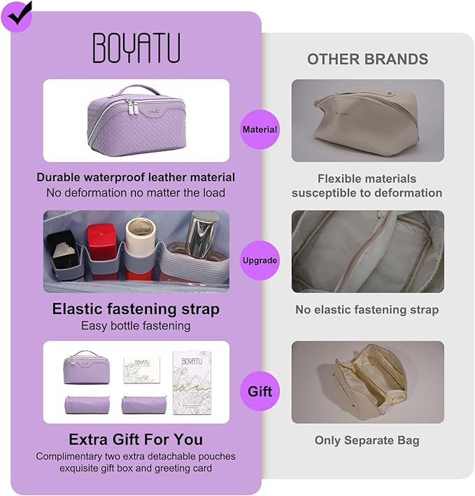 BOYATU Travel Makeup Bags for Women: Large Make up Bag Set of 3 - Vegan Leather Cosmetic Bags - Waterproof Toiletry Organizer (L04 Violet Purple)