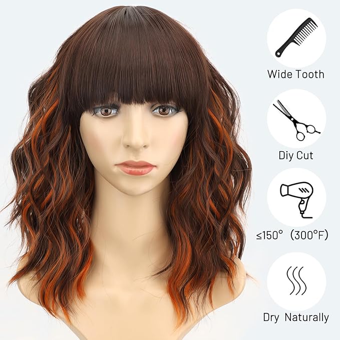 AISI HAIR Ginger and Brown Synthetic Wavy Curly Bob Wig with Bangs Short Wavy Hair for Women Synthetic Heat Resistant Bob Wigs