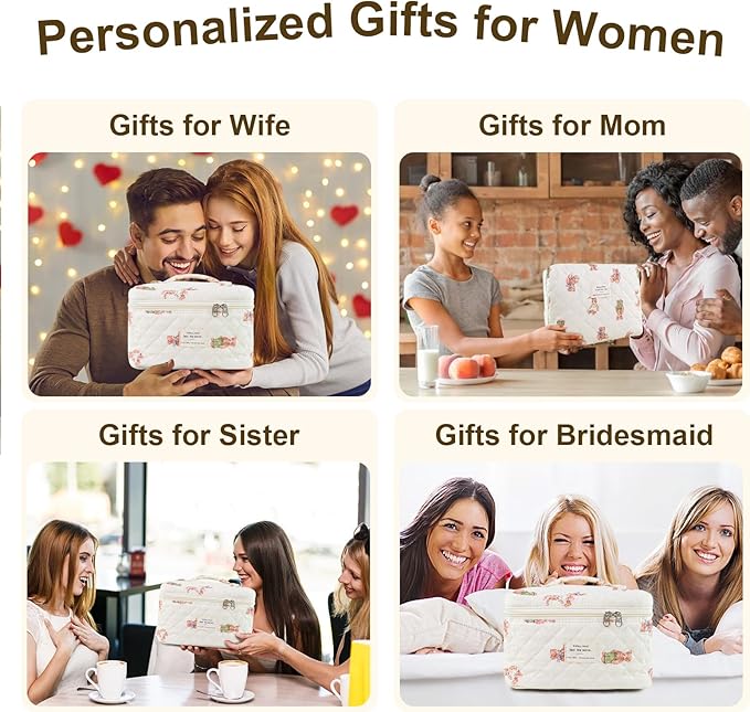 3Pcs Makeup Bag Cotton Quilted Travel Cosmetic Bag Cute Floral Makeup Pouch Large Toiletry Bag for Women Girls