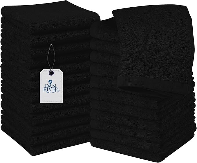 DAN RIVER 100% Cotton Washcloths 24 Pack Premium Quality Face and Body Cloth, Quick Dry Essential Towels for Bathroom, Hand, Kitchen & Cleaning, Baby Washcloths | 12X12 in | 400 GSM | Black
