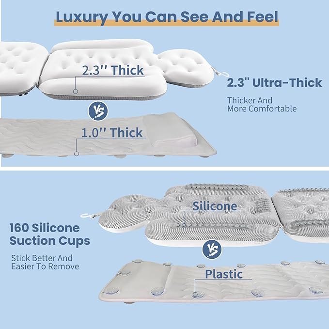 Luxury Bath Cushion, Full Body Bathtub Pillow with 160 Suction Cups, Bath Mat for Head and Neck Support, with Laundry Bag (White, 51.2" x 16.2")