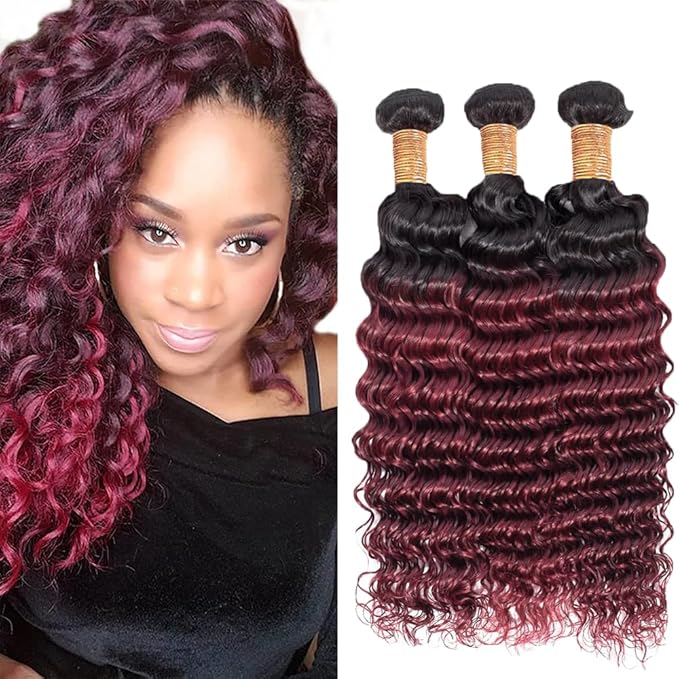 Ombre Loose Deep Wave Bundles Color 1B99j Human Hair Burgundy Deep Wave Bundles Black Mixed With Burgundy Brazilian Human Hair Extensions Soft and Silky for Black Women 24 26 28 Inch