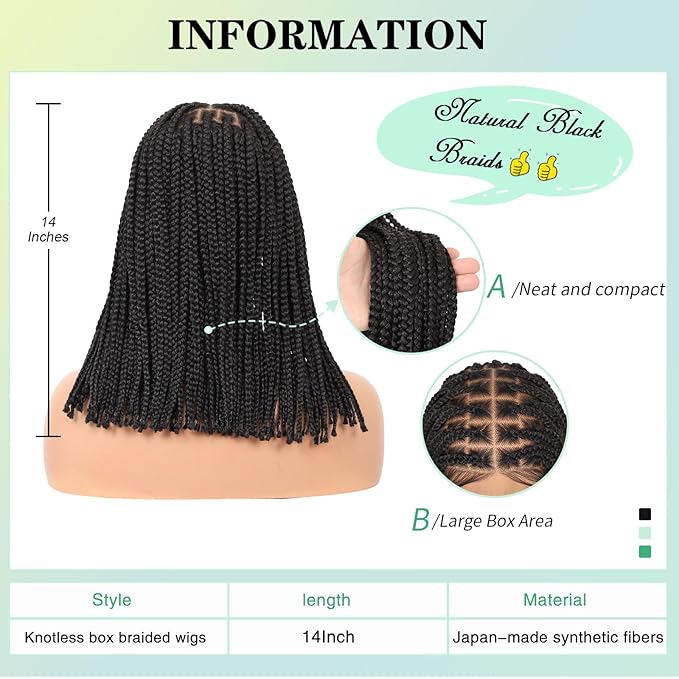 13x8 Inch HD Lace Front Short Knotless Braided Wigs For Women 360° Full Lace Braid Wig With Baby Hair 14" Black Human Hair Blended Bob Braid Lace Front Wigs