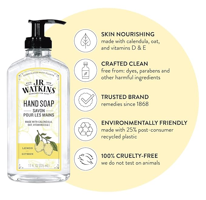 J.R. Watkins Gel Hand Soap, Scented Liquid Hand Wash for Bathroom or Kitchen, USA Made and Cruelty Free, 11 fl oz, Lemon, 3 Pack