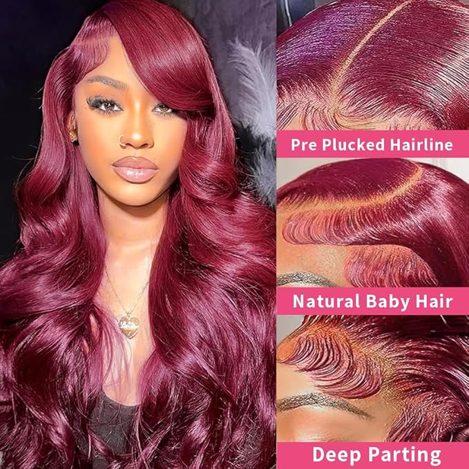 AIRDOT 99J Burgundy Lace Front Wigs Human Hair 26 Inch Red Burgundy Wig Human Hair 13x6 HD Body Wave Lace Front Wigs Human Hair 180% Density Pre Plucked Frontal Human Hair Wigs for Women