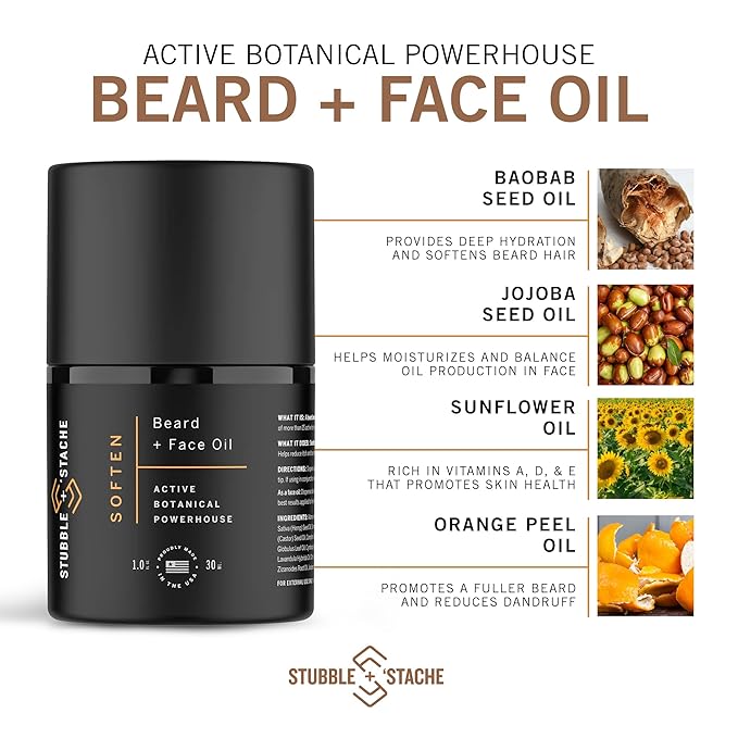 stubble & stache Hydrating Beard Oil for Men – Dual-Use Face & Beard Moisturizer & Conditioner with Baobab, Jojoba & Argan – Softens Hair, Stops Itch & Dry Skin – Lightweight Non-Greasy Oil, 1 fl oz