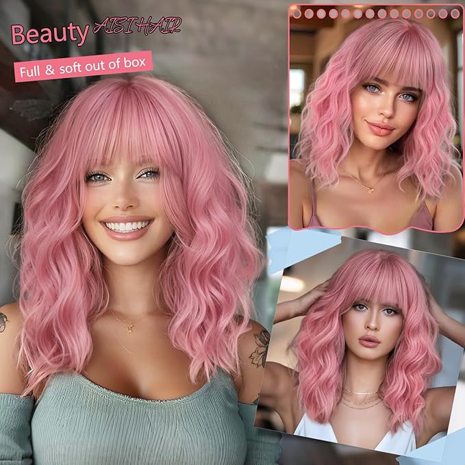 AISI HAIR Curly Bob Wig with Bangs Short Wavy Pink Color Wigs for Women Bob Style Synthetic Heat Resistant Bob Wigs