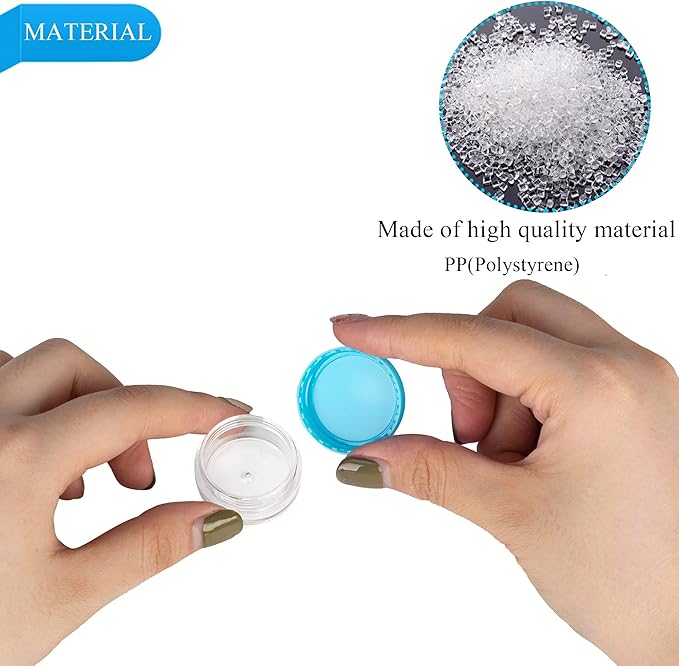 100PCS 3 Gram Sample Containers, 3ml Empty Jars with Lids, Small Cosmetic Containers, Mini Sample Jars with 8PCS Mini Spatulas for Make Up, Oils, Lotion, Powder, Paint, Jewelry, Lip Balms(Blue Lid)