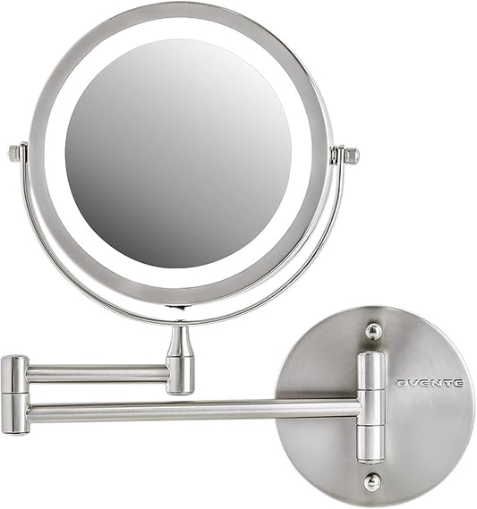 OVENTE 7" Lighted Wall Mount Makeup Mirror with 1X/7X Magnification, Cordless Double Sided Magnifying Round Vanity Mirror, 360° Swivel Design, Extendable and Folding Arm, Nickel Brushed MFW70BR1X7X