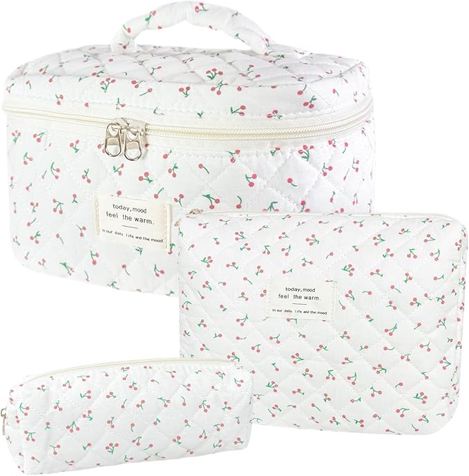 3Pcs Cotton Quilted Makeup Bag for Women Girls, Large Floral Cosmetic Bag Set Cute Makeup Brushes Aesthetic Accessories Storage Bag Flower Travel Toiletry Bag Organizer