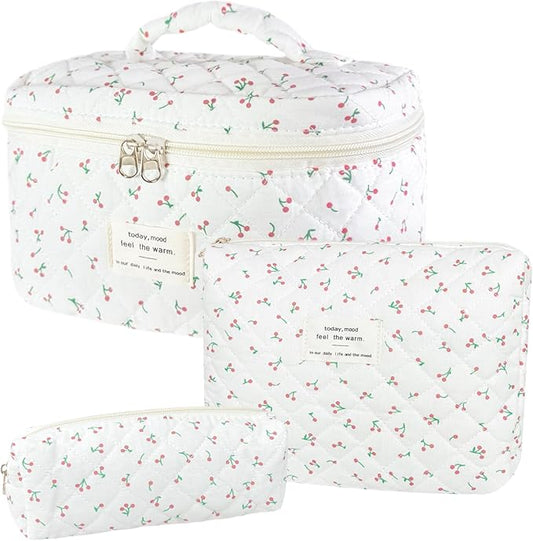 3Pcs Cotton Quilted Makeup Bag for Women Girls, Large Floral Cosmetic Bag Set Cute Makeup Brushes Aesthetic Accessories Storage Bag Flower Travel Toiletry Bag Organizer