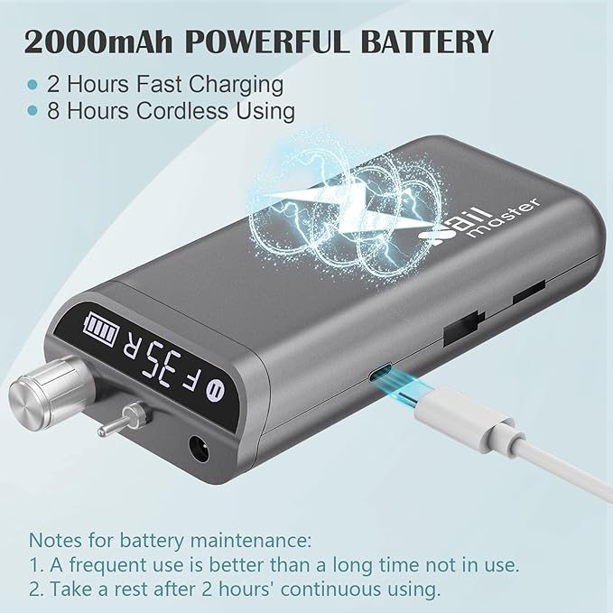 Kredioo Nail Drill, Nail Drills for Professional Acrylic Nails 35000RPM Rechargeable Portable Electric File Drill Machine with 10 Bits Set Quickly Remove Gel Polish Salon Quality Manicure-Grey