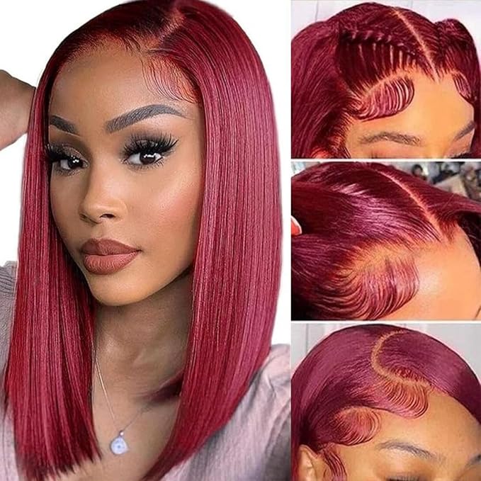 99j Bob Wig Human Hair 13X4 HD Transparent Burgundy Lace Front Wigs Human Hair for Women 180% Density Frontal Wigs Pre Plucked with Baby Hair Glueless Straight Red Bob Wigs 16 inch