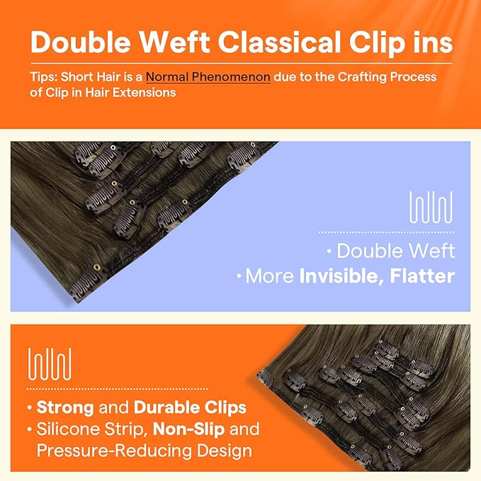 Full Shine Short Clip in Hair Extensions Balayage Brown Real Human Hair Extensions Clip ins Ash Brown Ombre Cool Blonde Clip on Extensions Human Hair for Short Hair 12 Inch 7 Pcs