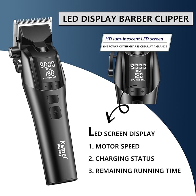 KEMEI 1858 Professional Hair Clippers for Men, Rechargeable Barber Clipper for Hair Cutting, Cordless Hair Trimmer with LED Display & 5-Speed Adjustable Settings, Gifts for Men