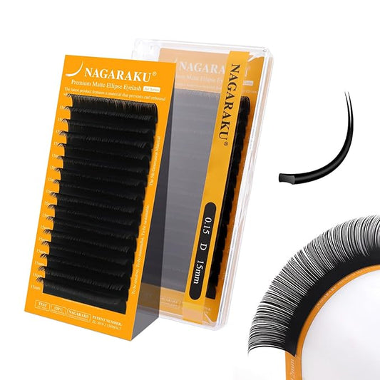 NAGARAKU Flat Ellipse Eyelash Extensions, 5TH GEN AIR SERIES Double Tips Lashes Lighter Thinner Flat Split Tips Individual Lash Matte Black Classic False Eyelashes 16 Rows -0.15 D Curl 15mm