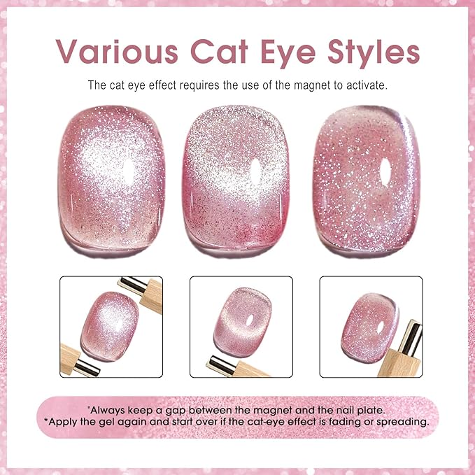 CANNI 8 Pcs 9 ML Cat Eye Gel Nail Polish Set, Pink Green Purple Silver Glitter Rainbow Holographic Cat Eye Gel Polish Kit with Magnet Shimmer Colors Nail Art Manicure Salon DIY Gifts