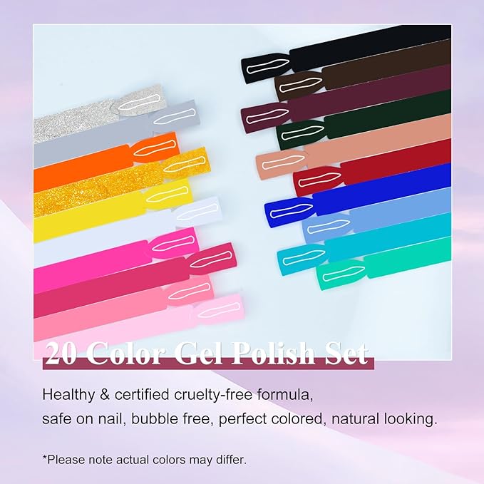 Gel Polish Nail Set 20 Colors with 3Pcs Glossy & Matte Top Coat and Base Coat, Flower Collection Fall Winter Pink Black Sparkle Glitters Colorful Gel Polish Set For Valentine's Gifts