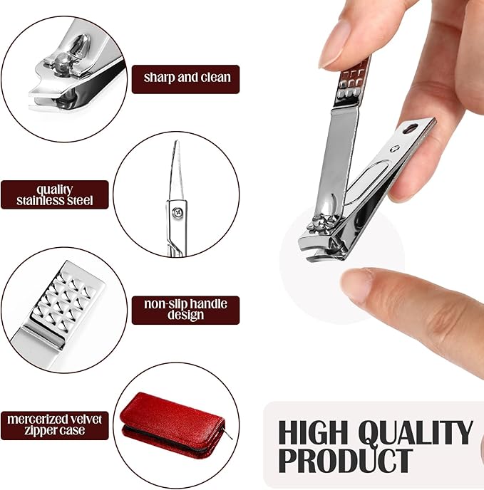 Coume 24 Sets Nail Kit Manicure Set Bulk with Zipper Professional Nail Clippers 8 in 1 Stainless Steel Nail Care Tools with Luxurious Travel Case Gifts for Men Women Friends Colleagues(Red Series)
