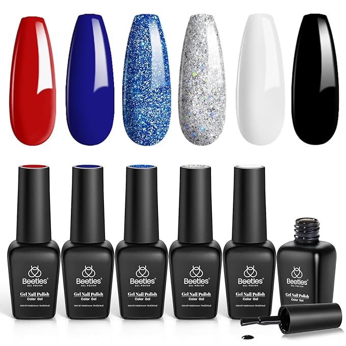 Beetles Gel Nail Polish Set - 6 Colors Red White Navy Blue Gel Polish Sliver Glitter Gel Polish Soak Off Uv Nail Lamp for the July 4th Nails Manicure DIY Nail Art Design Gift for Women Girls