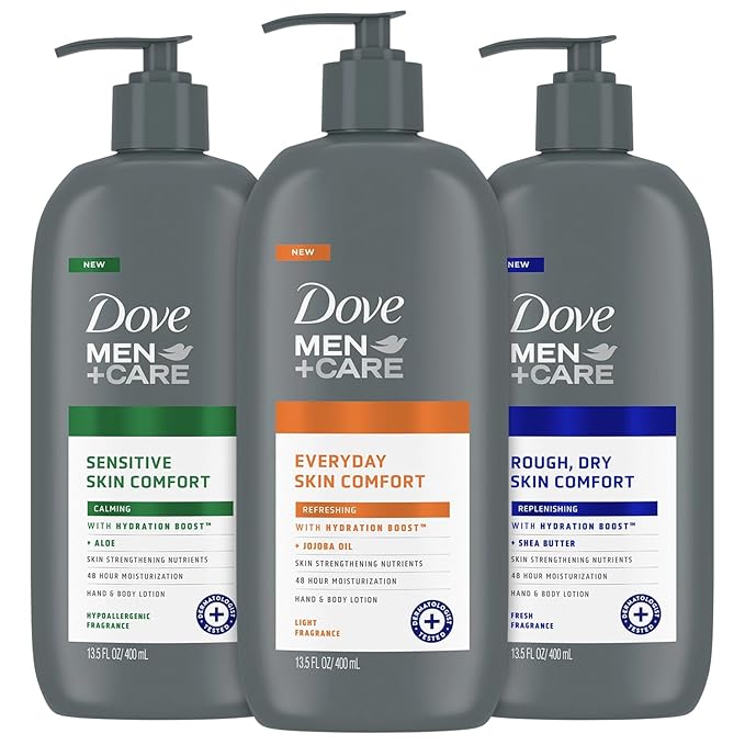 Dove Hand & Body Lotion, Men+Care Variety Pack – Rough Dry Skin Comfort with Shea Butter, Sensitive Skin Comfort with Aloe Vera, Everyday Skin Comfort with Jojoba Oil, 13.5 Oz Ea (3 Piece Set)